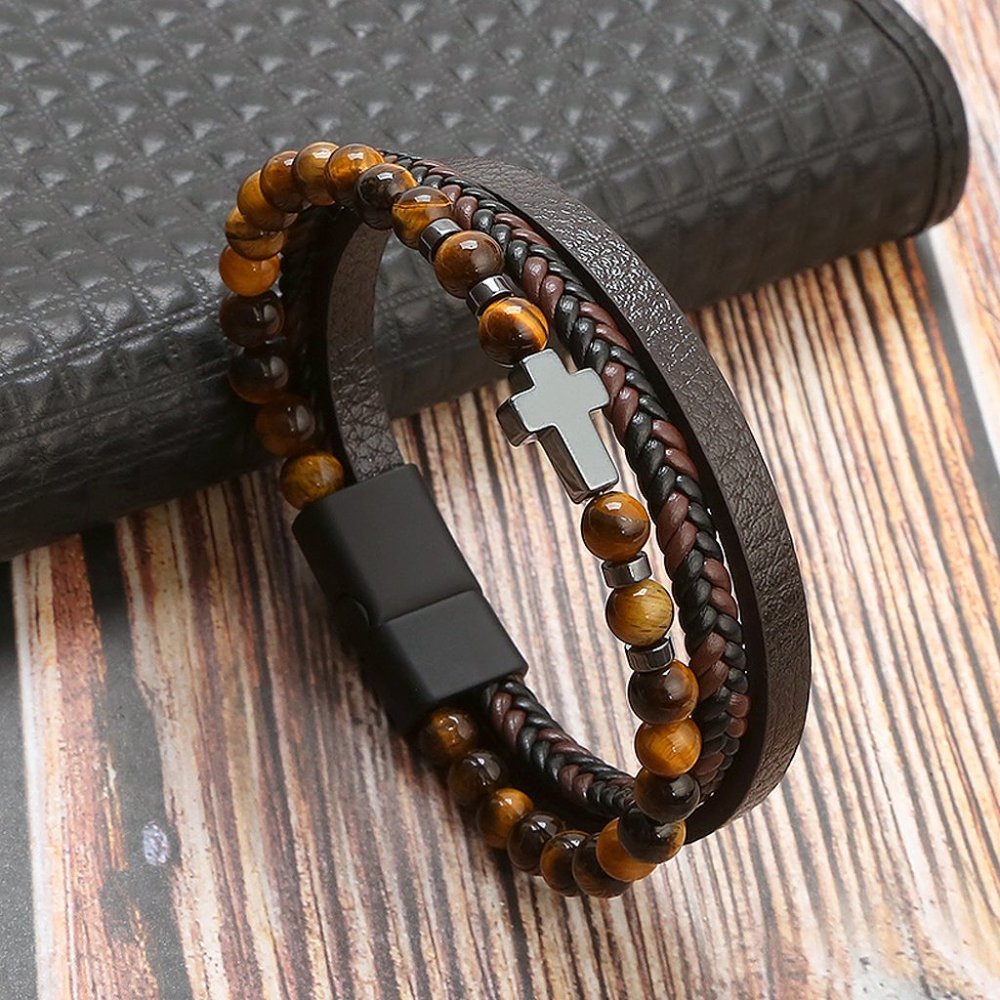 Men's Cross Leather Braided Natural Tiger's Eye Stone Bracelet Cuff Bangle